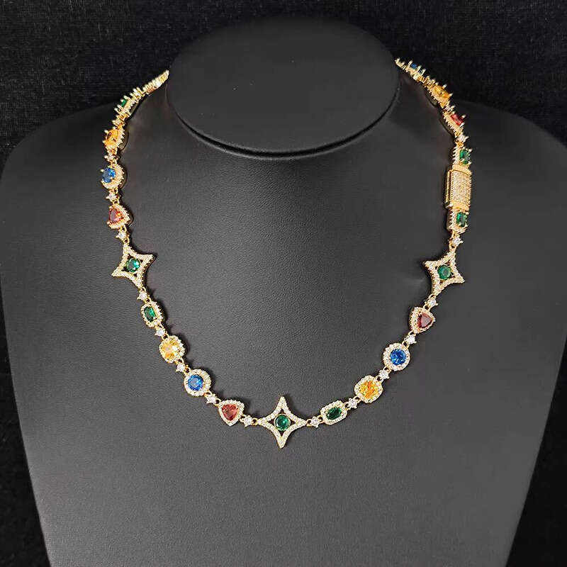 Noah New Arrival Women's Chain Gold-Plated Colorful moissanite Geometric Pattern Link Necklace Hip-Hop Jewelry