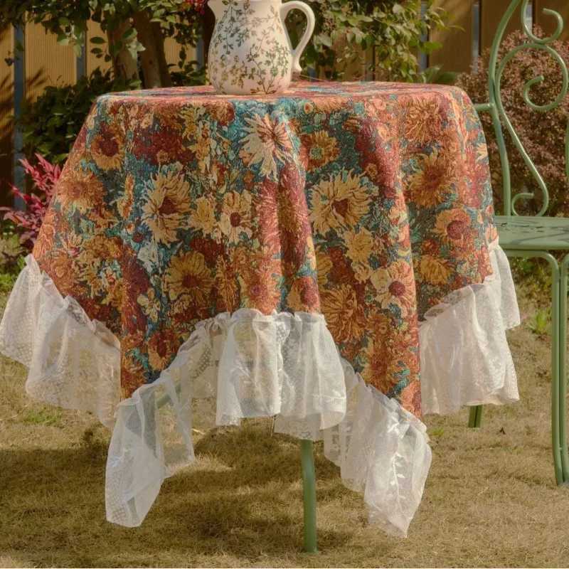 1PC Tablecloth Jacquard Green Flower Camping Outdoor Tablecloth Lace Ruffle Edge Multi-purpose Cover Bedside Table C251122