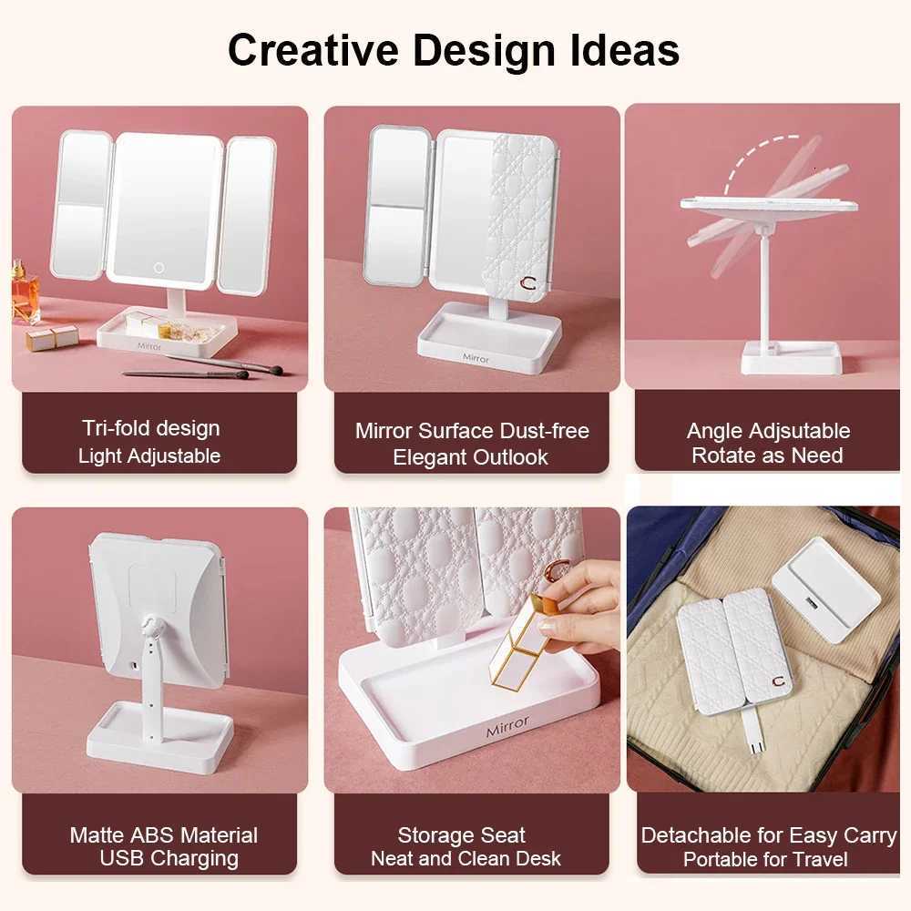 Tri-Fold Makeup Mirror with Led Light Rotable Cute Compact Desk Vanity Mirror 3 Tone Lights with 2X/3X Magnifying for Travel M251122