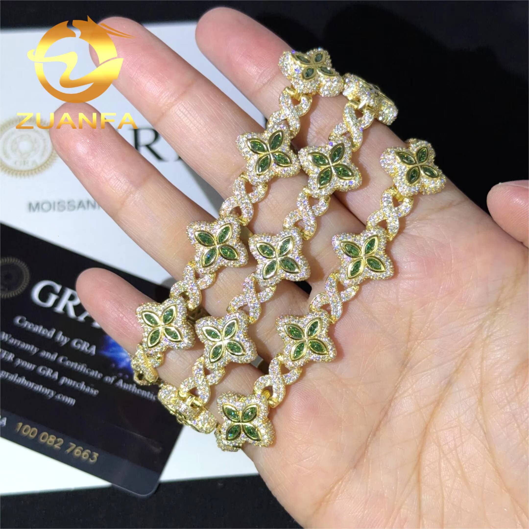 Emerald Green Moissanite 15mm Marquise Flower Hip Hop Jewelry Iced Out Bracelet 925 Silver Moissanite Diamond Bracelet