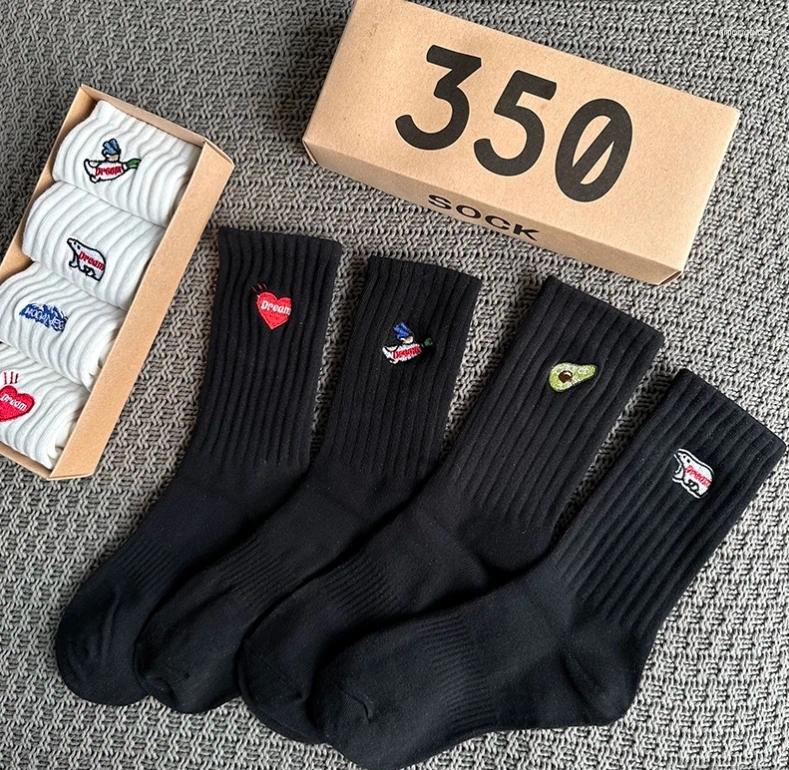 Men's Socks 4Pairs/Box Women's Gift Box Spring Summer Fashion Embroidery Items Funny Gifts Black Middle Tube