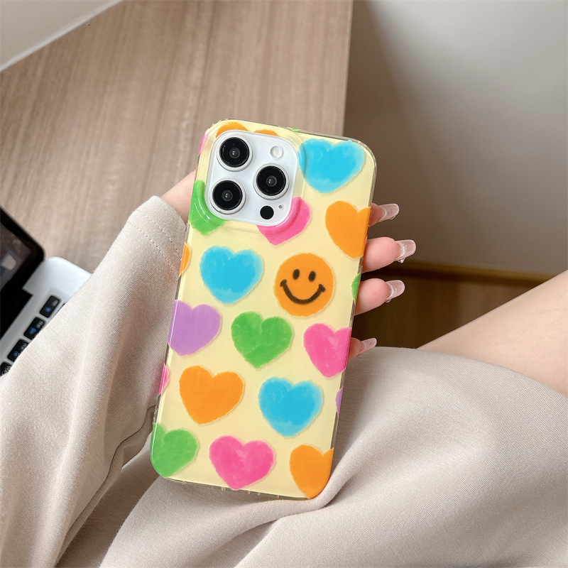 Ins Style Colorful Heart Smiley Face Compatible with iPhone 16/15 Pro Max Phone Case Handheld Chain