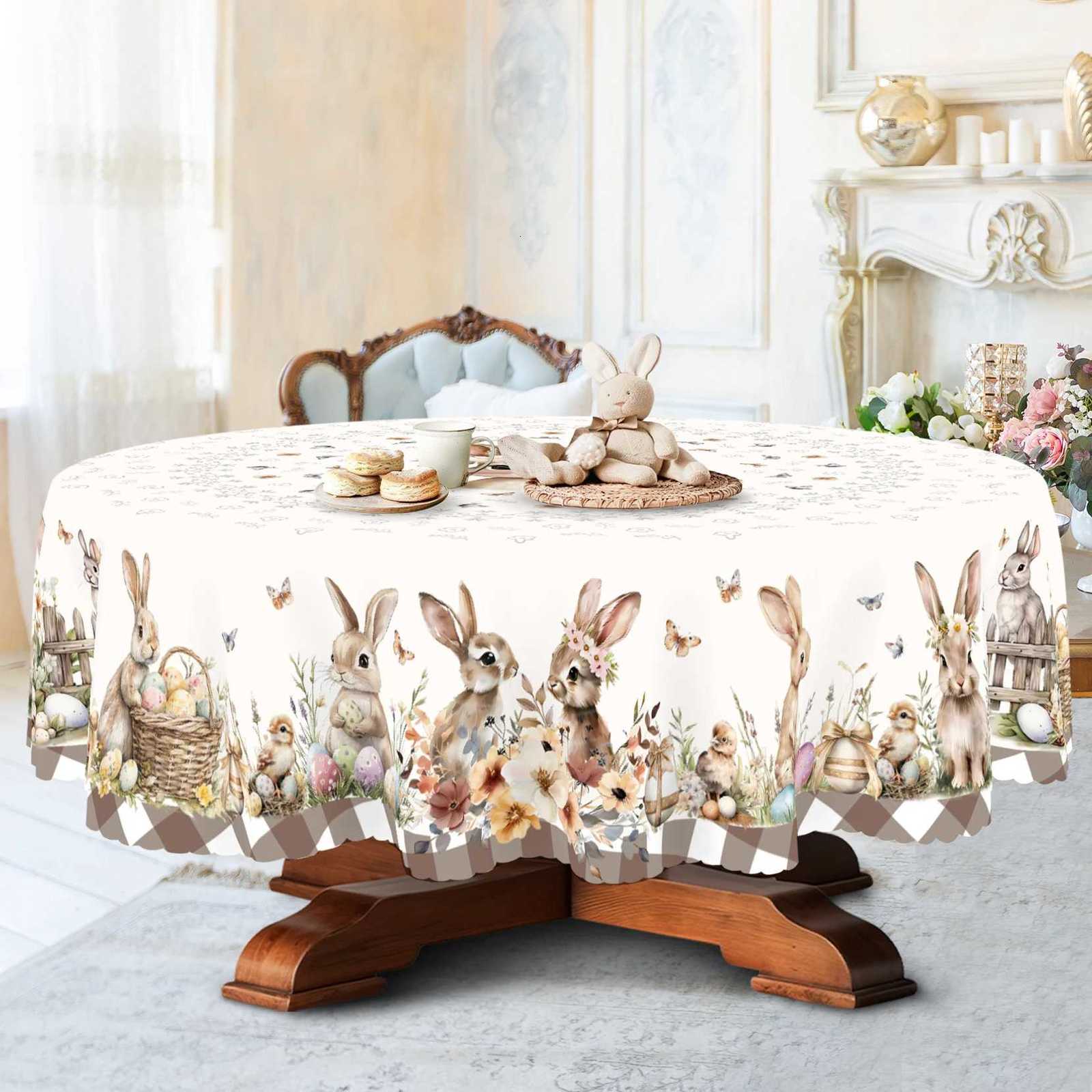 Cute Easter Themed Grey Rabbit Tablecloth - 1pc Spring Floral Print with Embossed Edge Spring Outdoor Garden C251122