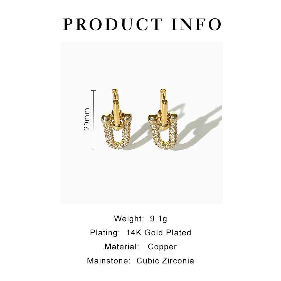 Perisbox statement Gold plated block U-shaped chain ring earrings with inlaid cubic zirconia fashionable accessoriesXJ250421