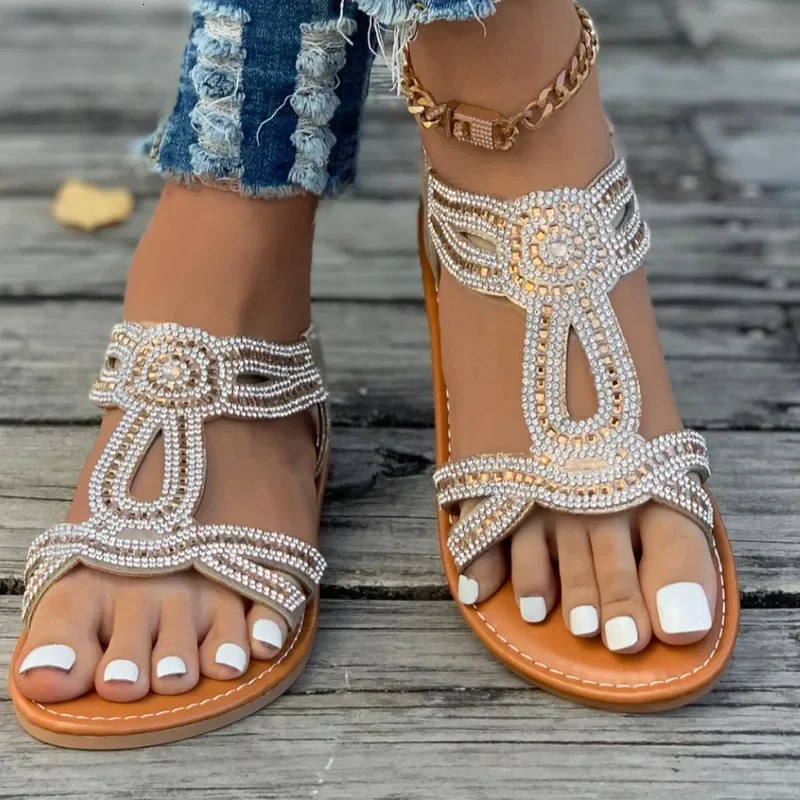 Womens Shoes High Quality Elastic Band Casual Fashion Crystal Sandals Summer Plus Size Flat 250421BJ - view 3