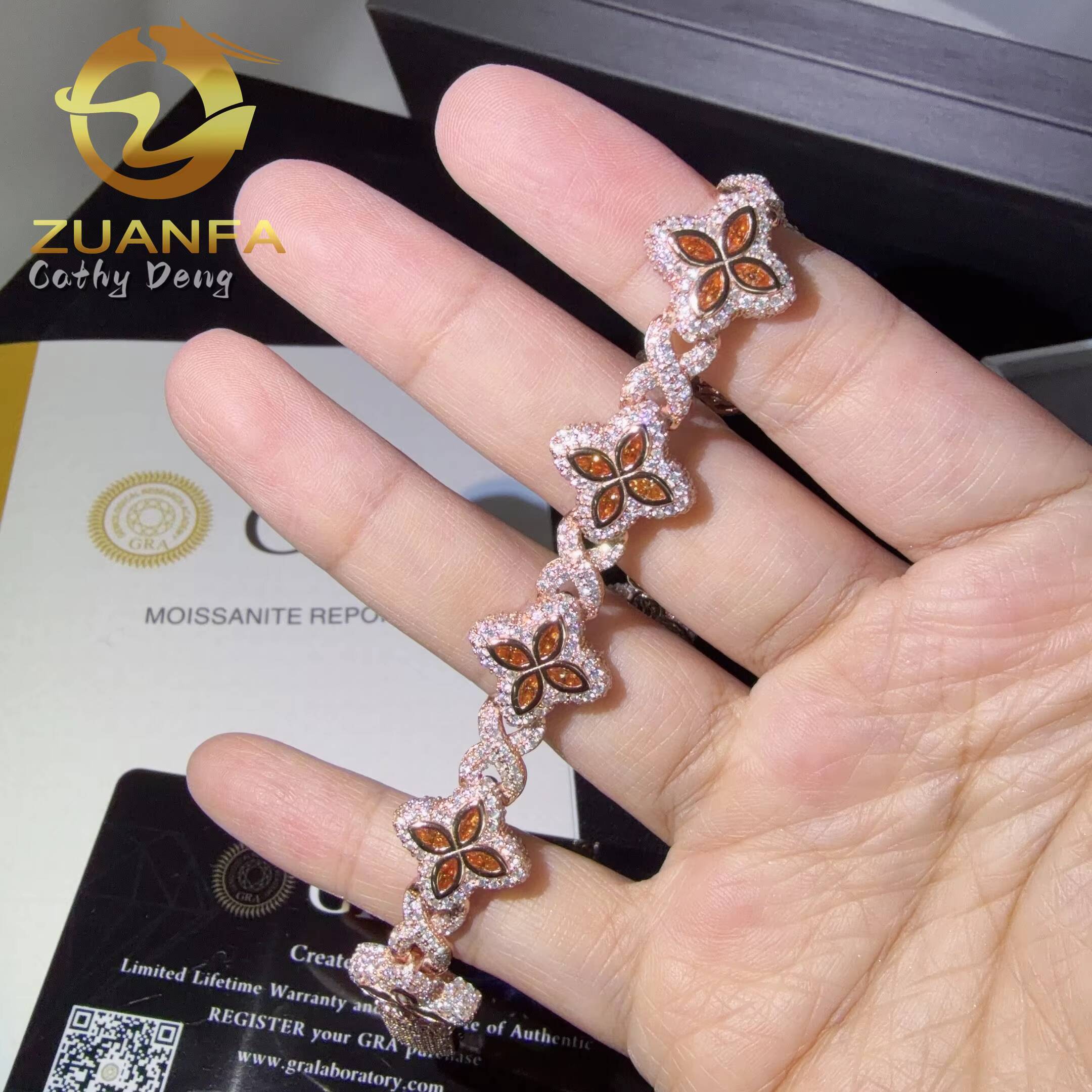 Fanta Moissanite 15mm Marquise Flower Hip Hop Jewelry Iced Out Unisex Moissanite Cuban Chain 925 Silver Moissanite Bracelet