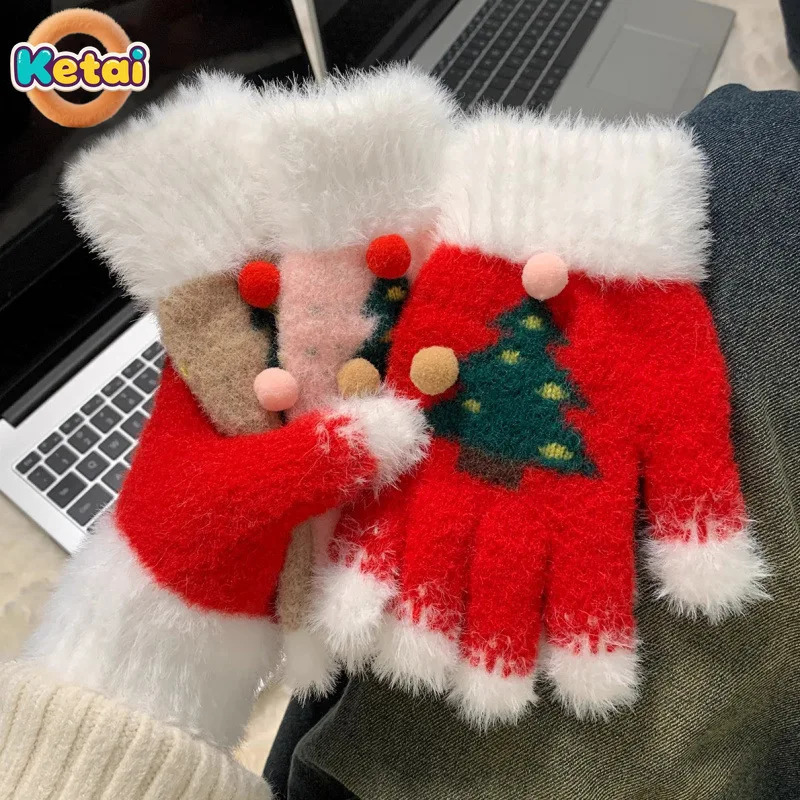Snowflake Christmas Tree Gloves for Women in Winter with Exposed Fingers Touch Screen Fluffy Fur Students To Ride Bicycles 251114