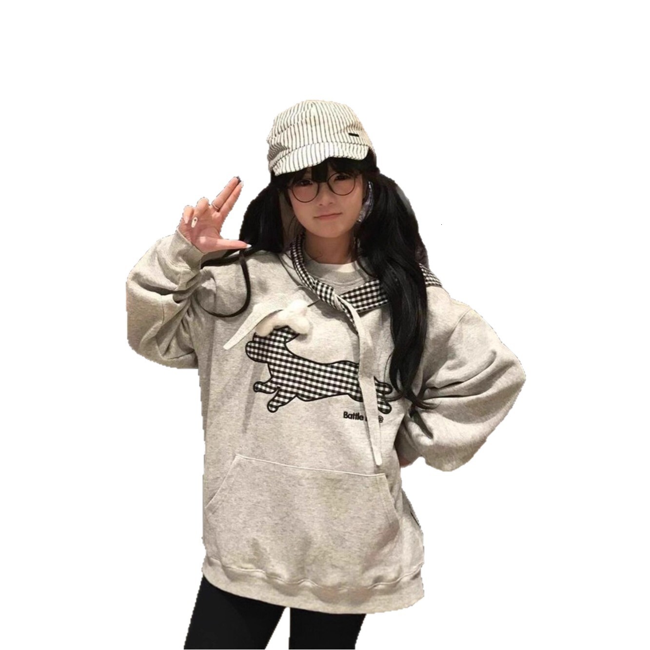 American designer embroidered small dog plaid strap hooded sweatshirt for women, new autumn and winter with plush loose and lazy style top