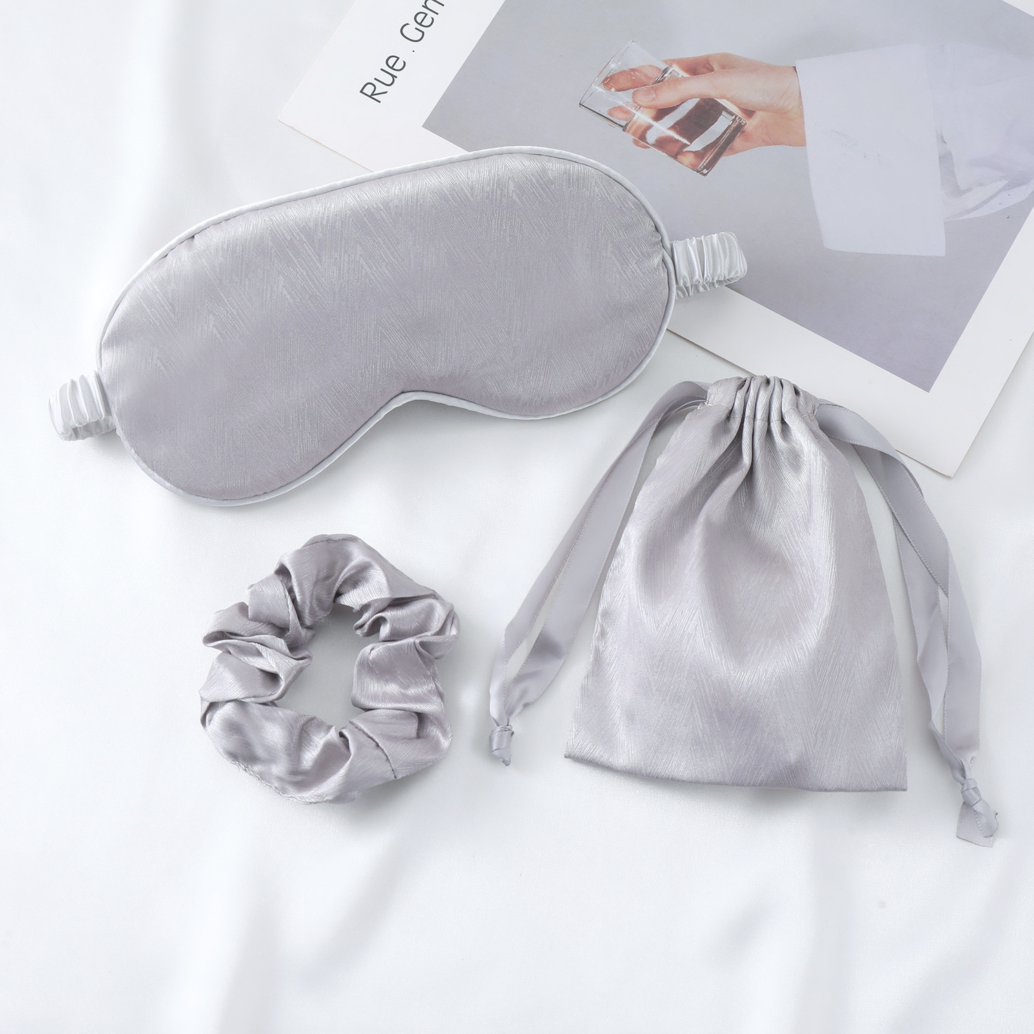 New style double-sided silk-like eye mask hair tie three-piece set, light-blocking sleep eye protection mask, gift, skin-friendly, breathable, portabl