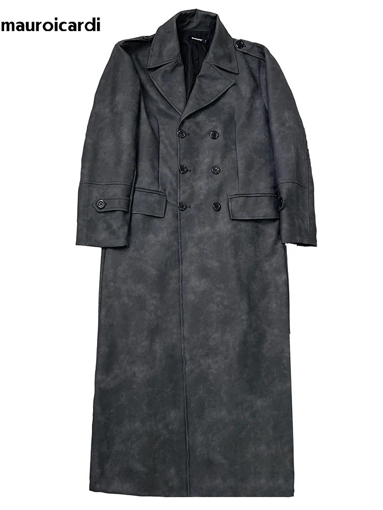 Mauroicardi Spring Autumn Long Distressed Pu Leather Trench Coat Men Belt Double Breasted Clothes Fashion 251110