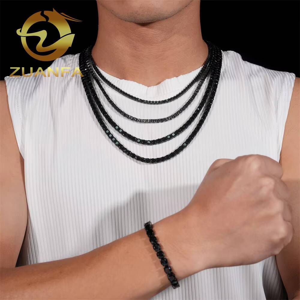 Instock 2mm 3mm 4mm 5mm 65mm Black Moissanite Diamond Tennis Necklace VVS 925 Silver Hip Hop Iced Out Tennis Chain
