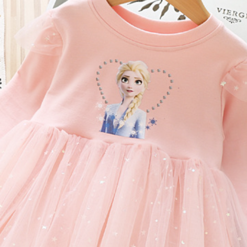 DISNEY kids designer clothes Girl's cotton long-sleeved mesh dress little girl's star Elsa princess dress children's designer clothing 