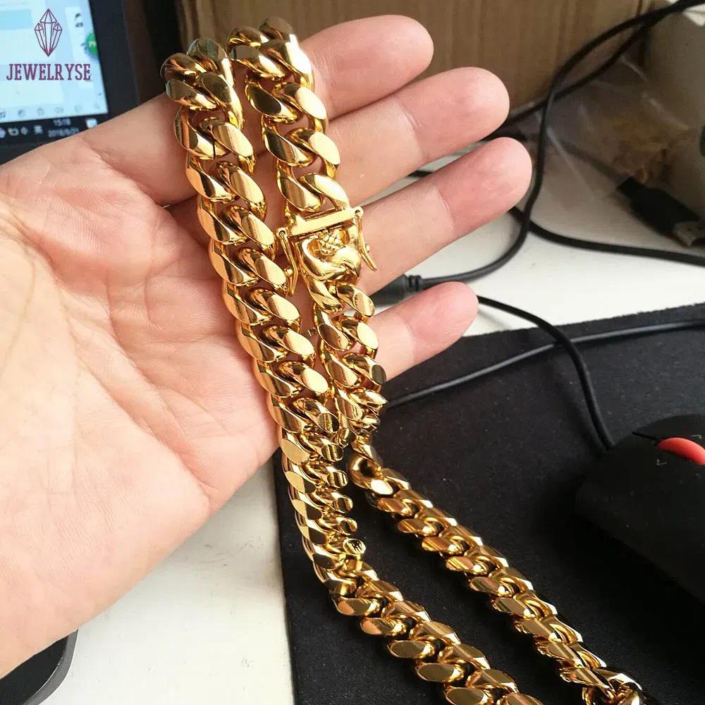 18K Gold Miami Cuban Link Chain Necklace Men Hip Hop Stainless Steel Jewelry Necklaces