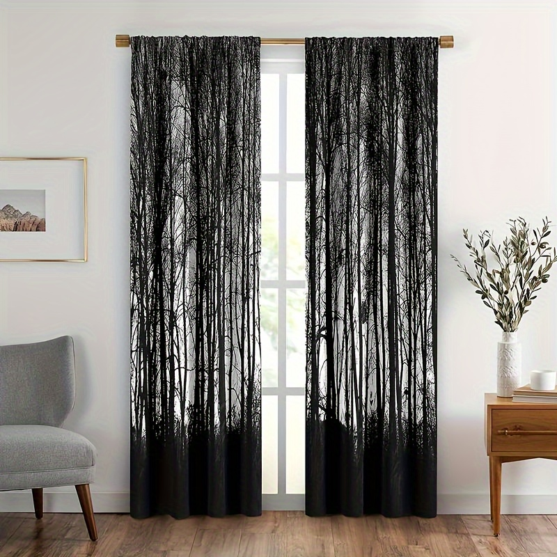 2pcs Gothic Black Forest Curtains, Gloomy Dark Forest Foggy Mysterious Pine Black Tree Forest Blackout Curtain Rod Pocket Window Drapes for Bedroom Living Room