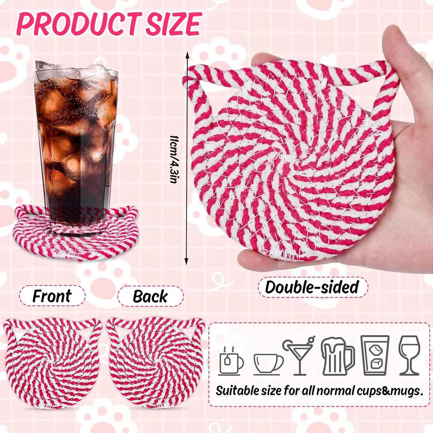 4pcs/set Cat Ear Coasters Set Brown White Handmade Braided Cotton Coasters Non-Slip Absorbent Drink Coaster with Holder C251122