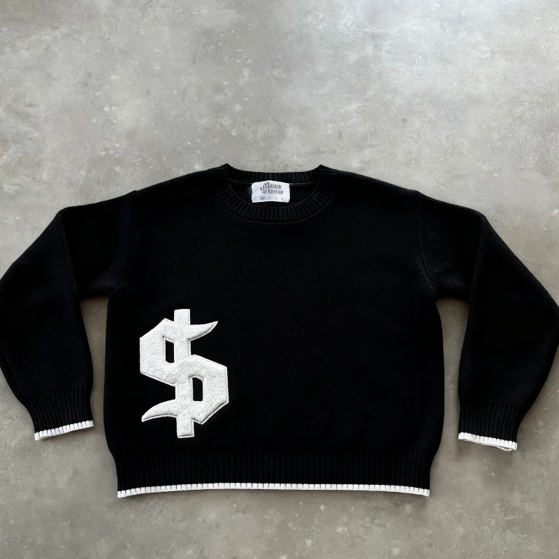 Men Gray Money Sign Sweater Y2k American Dollar Knit Pullover Vintage Classic Streetwear Warm Winter Crewneck Top Casual Fashion 251120