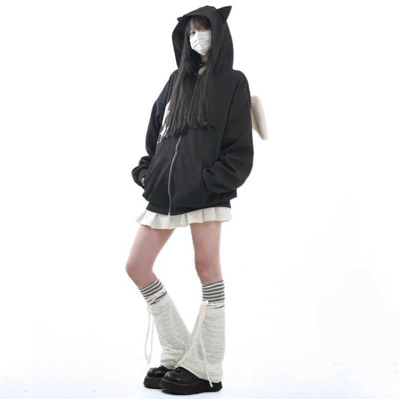 Autumn Kawaii Hoodie Womens Cat Ear Hoodie Sportswear Young Girl Y2K Plush Angel Wing Zipper Hoodie Halloween Party Costume M250422