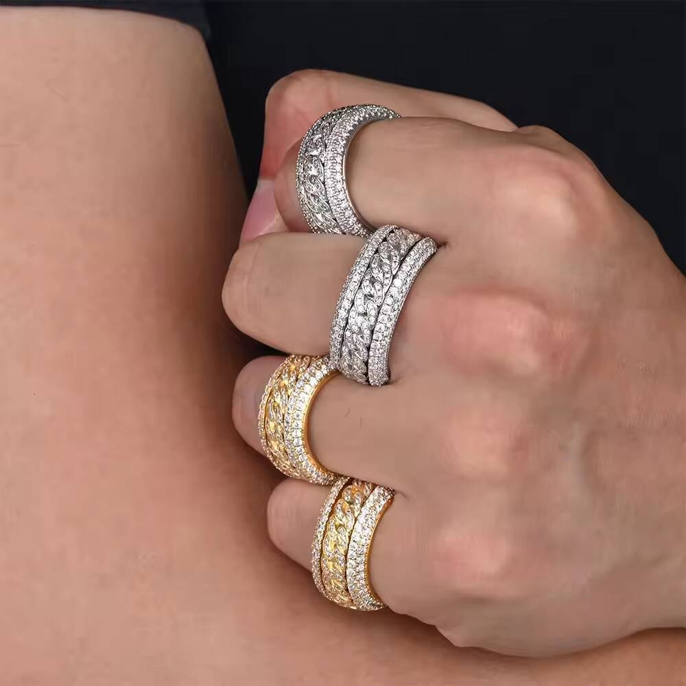 Rotatable Iced Out Spinning Cuban Link Ring Men Women 925 Sterling Silver VVS Moissanite Bling Ring Luxury Hip Hop Promise Ring