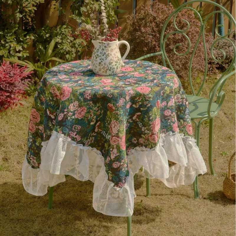 1PC Tablecloth Jacquard Green Flower Camping Outdoor Tablecloth Lace Ruffle Edge Multi-purpose Cover Bedside Table C251122