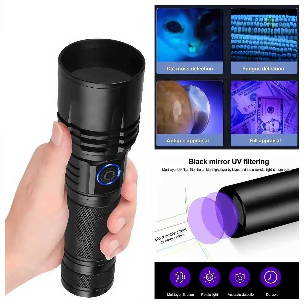 20W UV Black Light Flashlight -365nm USB Rechargeable Pet Urine Detector Gem and Money Detector Stain Detector etc C251122