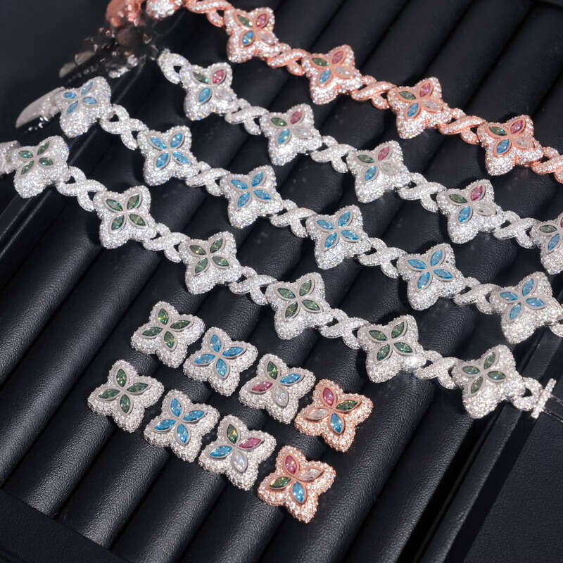 Hip-Hop Sier 18mm Wide Colorful Clover Chalcedony Bracelet with Earrings Iced Out Unisex Boutique Jewelry Set