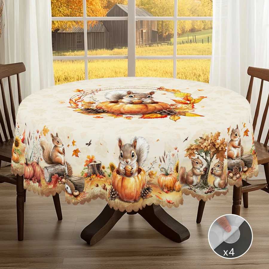 1 Piece of Autum Thanksgiving Themed Printed Tablecloth Retro Country Farmhouse Style Squirrel Pumpkin Maple Leaf Pattern Design Suitable for Holiday 