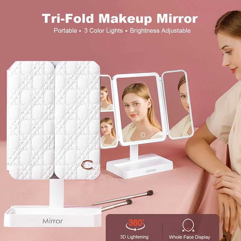 Tri-Fold Makeup Mirror with Led Light Rotable Cute Compact Desk Vanity Mirror 3 Tone Lights with 2X/3X Magnifying for Travel M251122