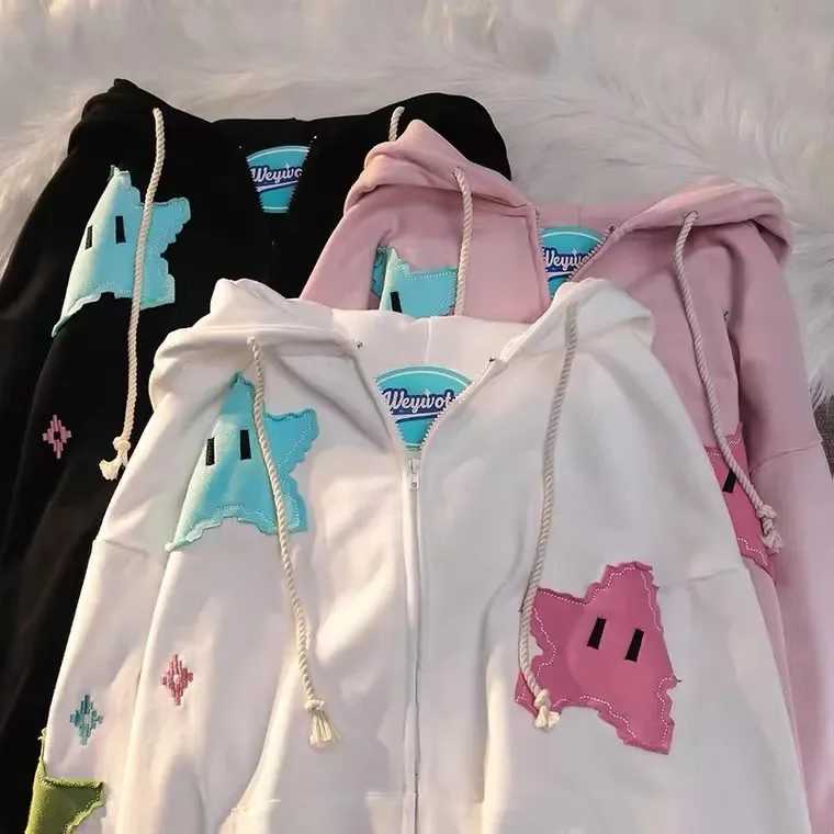 Y2k zipper hooded sweatshirt loose long sleeved jacket Kawaii clothing top Harajuku jacket casual Gothic cartoon patch work streetwear M250422