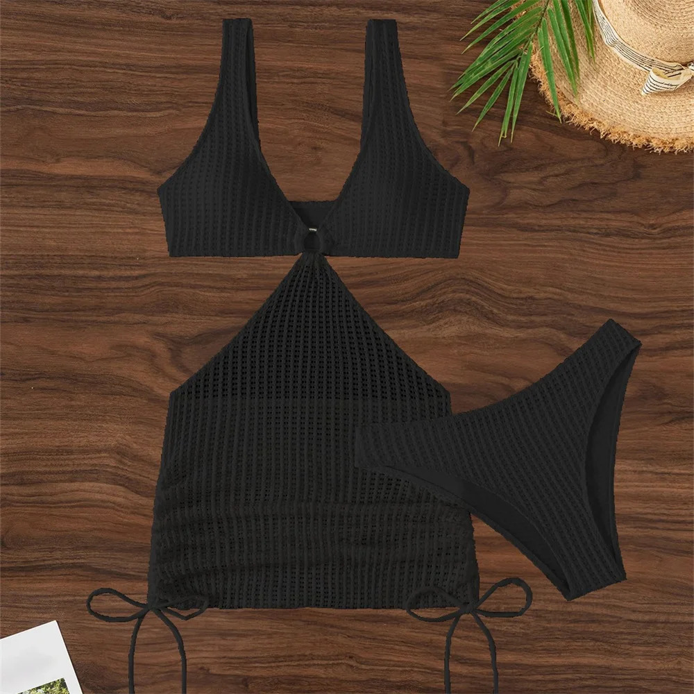 Sexy Crochet Bikini White Y2K Hollow Swimsuit Drawstring Knit Skirt Hole Vacation Swimwear Tanga Women Beach Outfit Bathing Suit 250421