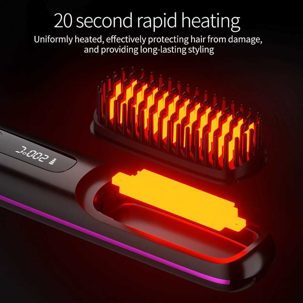 USB Electric LCD Ceramic Heating Straight Hair Comb Wireless Portable Negative Ion Styling Tool Rechargeable Straightening BrushT251122