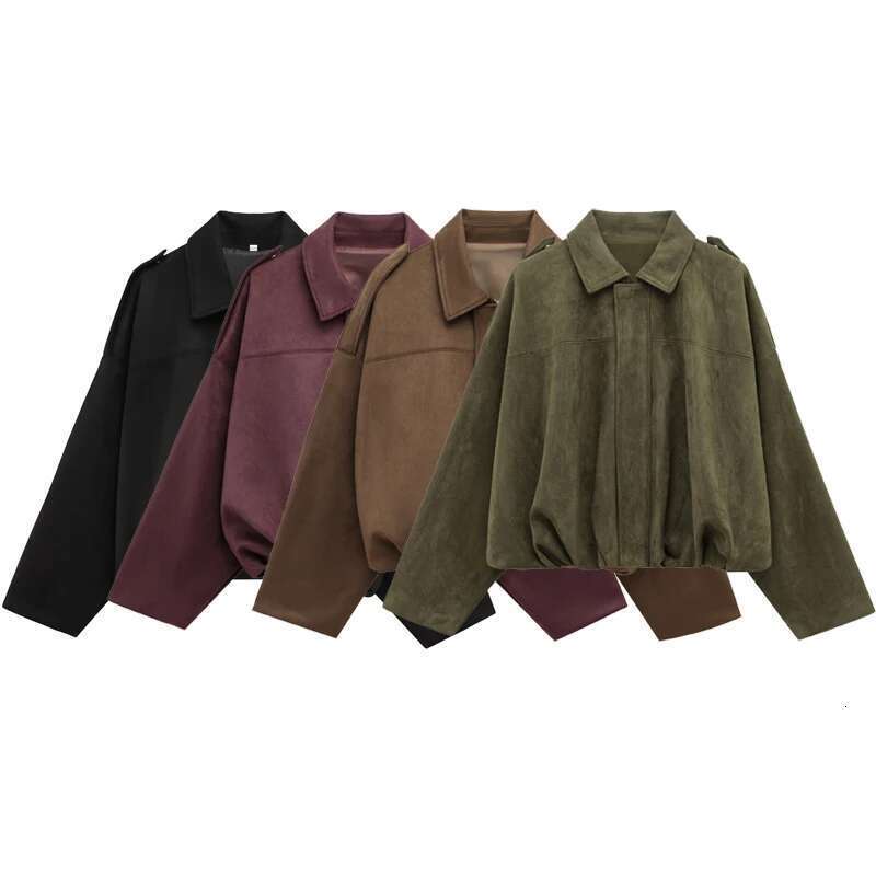 TRAF Women's Bomber Lapel Long Sleeve Zipper Suede Jacket Women 2025 High Street Cropped Racing Jackets Coats Outerwears