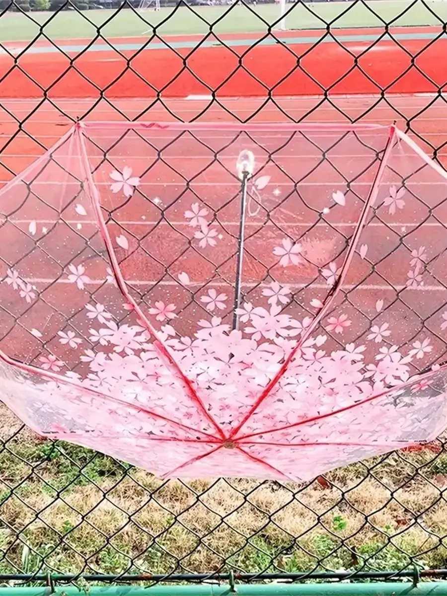 Korean Umbrella Cute Mini Fresh and Three-Fold Japanese Cherry Blossom Transparent Umbrella Rainproof and WindproofM251122