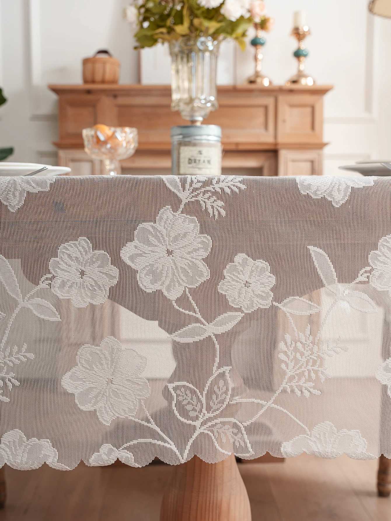 White Lace Rose Floral Tablecloth for Dining Room And Bedroom Simple Style Decorative Tablecloth Art Fabric C251122