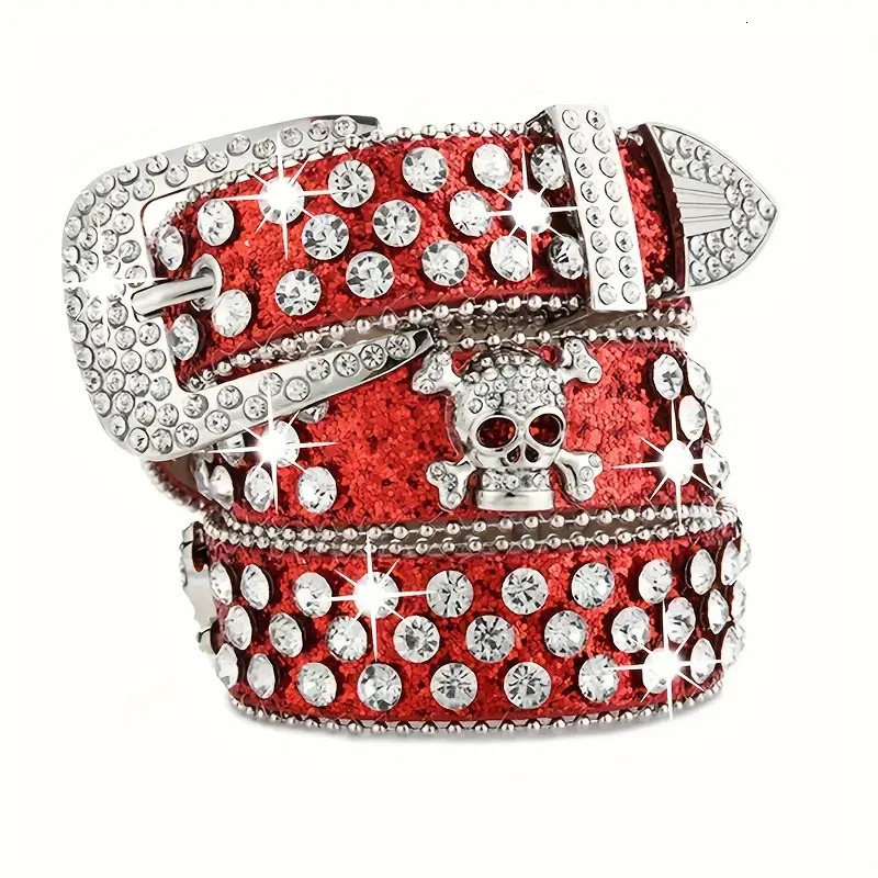 Rhinestone Belt Western Belts Y2k Cowboy Cowgirl Studded Belt Goth Emo Skull Sequin PU Belt for Women Jeans Pants Black and Red 250603