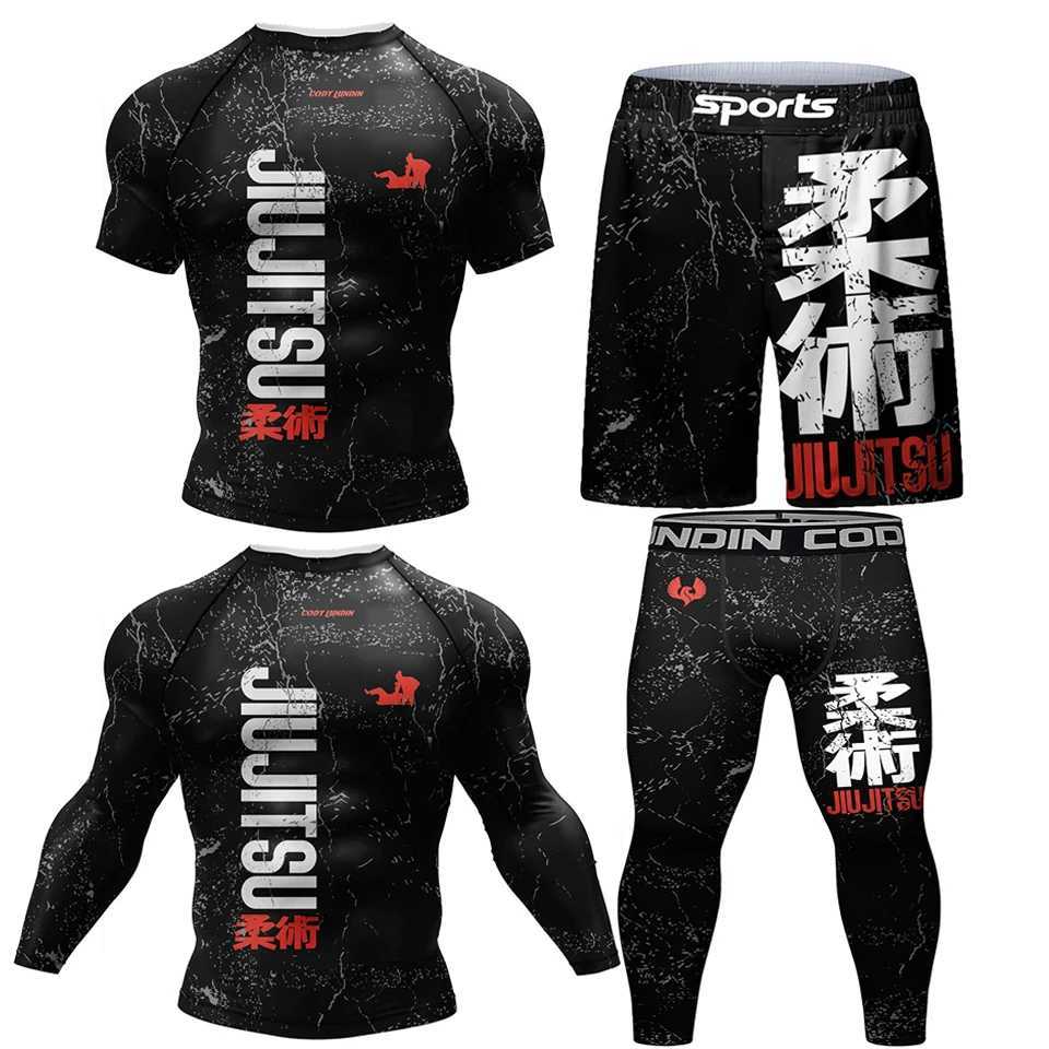 New kimono jujitsu mens Rashguard Mma T-shirt+pants 4pcs/set Muay Thai shorts Bjj Rashguard gym boxing jersey sportswear W250422