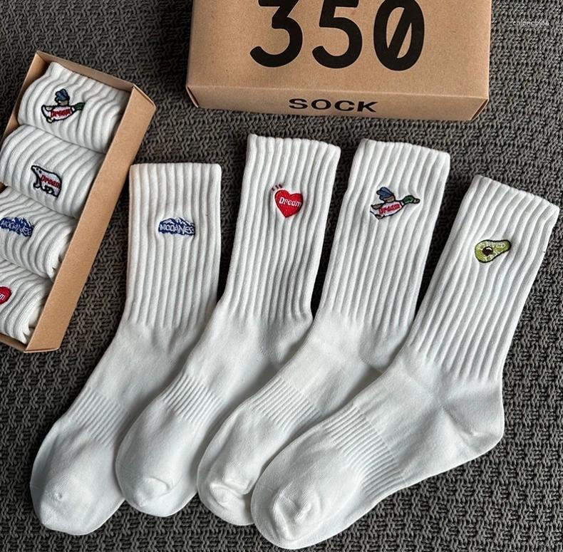 Men's Socks 4Pairs/Box Women's Gift Box Spring Summer Fashion Embroidery Items Funny Gifts Black Middle Tube