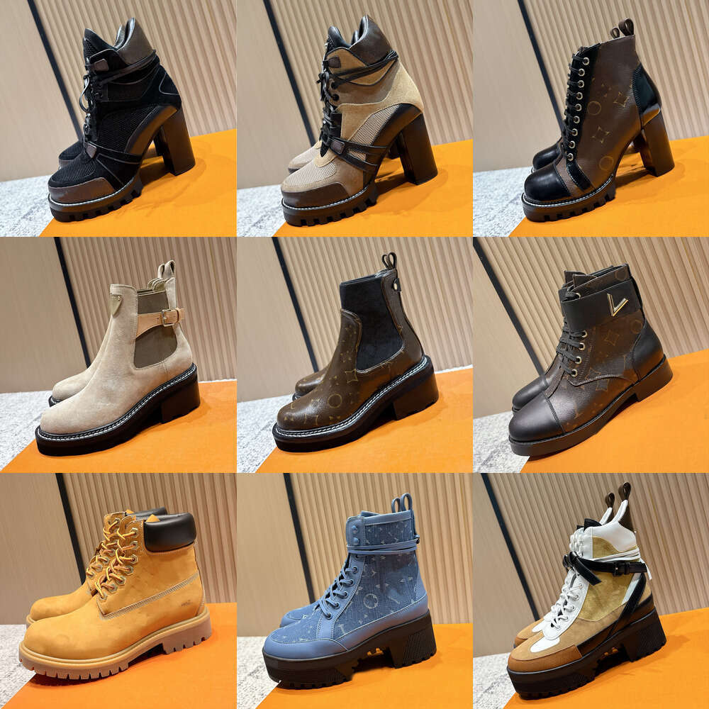 Top quality designer shoes womens chunky heel ankle booties Laureate Platform Desert Boots upper combines canvas rubberized calf leather Taupe Brown Martin boot