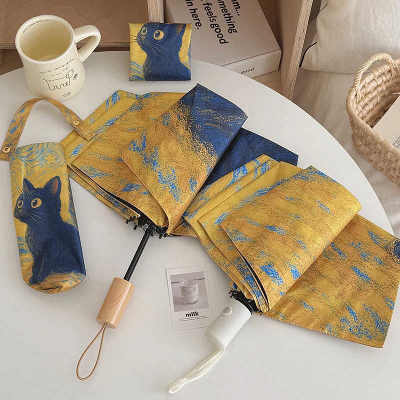 Yellow Blue Oil Painting Cat Folding Umbrella Rain Sun Dual-use Automatic Sun Umbrella Sun Protection And UV Protection PortableM251122