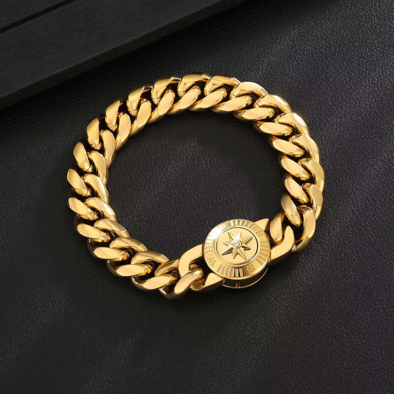 Easter Faith Gift Cross Lion Compass Anti-Tarnish Jewelry Gold-Plated sterling silver Men's Miami Cuban Chain Link Bracelet