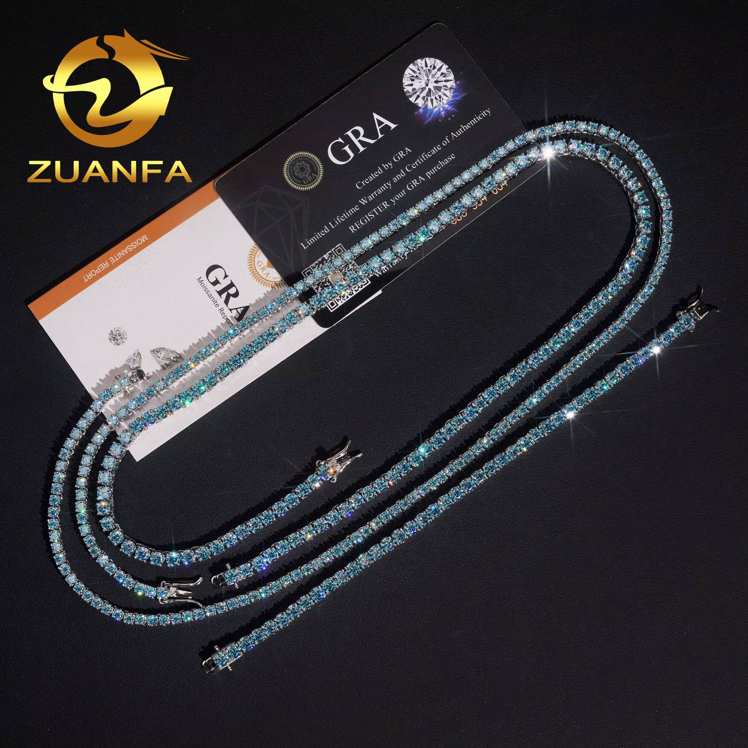 Iced Out Hip Hop Tennis Chain Jewelry Wholesale 3MM 4MM Aquamarine Sea Blue Moissanite Diamond Moissanite Necklace