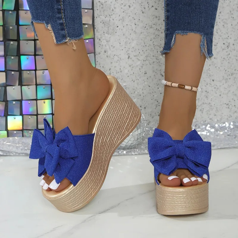 Sweet womens highheeled slippers slope heel bow summer comfortable and elegant thick soled shoes 250421BJ