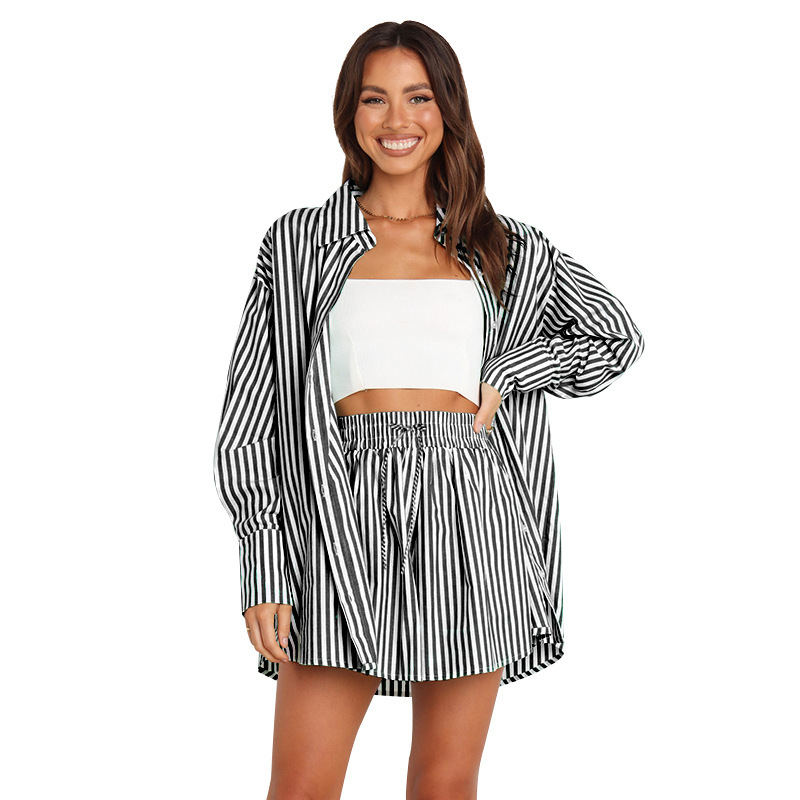 Women Tracksuits Two Pieces Set Spring Summer Temperament Commuter Casual Pants Set Fashion Shirt Stripe Long Sleeve Split Sportwear