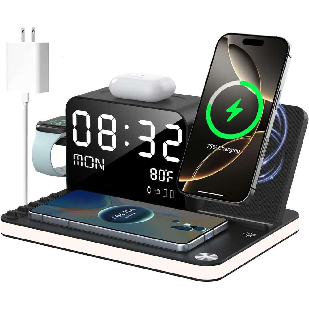 7 in 1 Wireless Charging Station, Fast Charger Station with Dual iPhone, Bluetooth TimeSync, Night Light,33W Adapter for iPhone 16/15/14/13/12 All