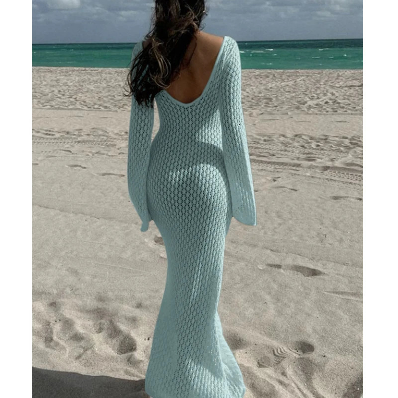 Knitted Hollow Vneck Long sleeved Dress for Womens Beach Holiday Backless Bikini Cover Ups Sunscreen 250415Z