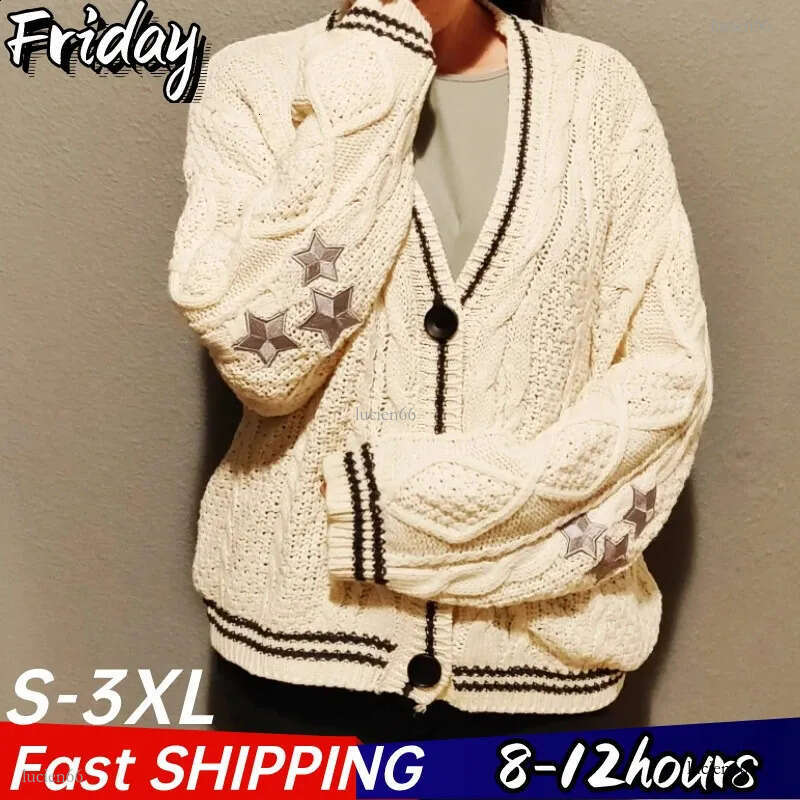 Autumn Vintage Knit Warm Beige Cardigan Women Y2k Star Sweater Winter Loose Fit Long Sleeves Holiday Cardigan Knitwear Female 240731