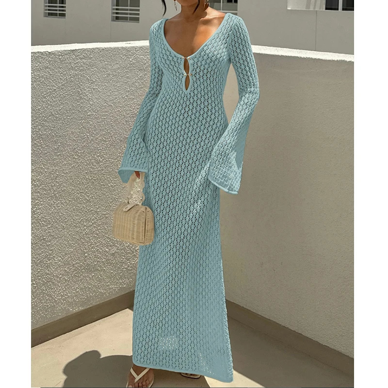 Knitted Hollow Vneck Long sleeved Dress for Womens Beach Holiday Backless Bikini Cover Ups Sunscreen 250415Z