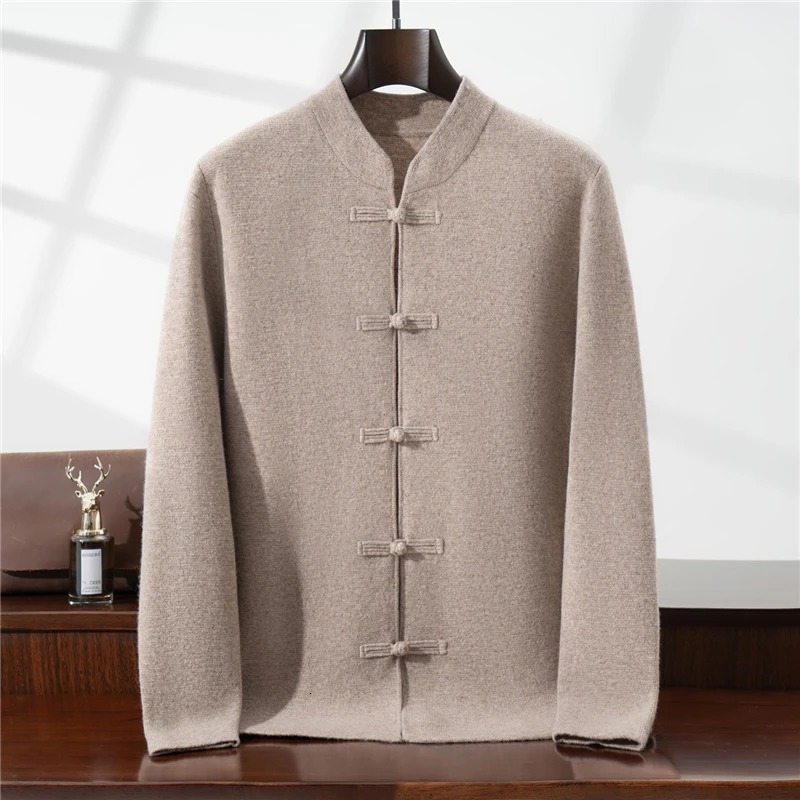 Chinese Style Button 100 Wool Cardigan Mens Solid Color Stand Collar Sweater Jacket National Fashion Knitted Shirt 251107