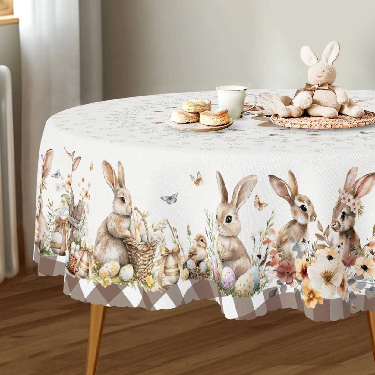 Cute Easter Themed Grey Rabbit Tablecloth - 1pc Spring Floral Print with Embossed Edge Spring Outdoor Garden C251122