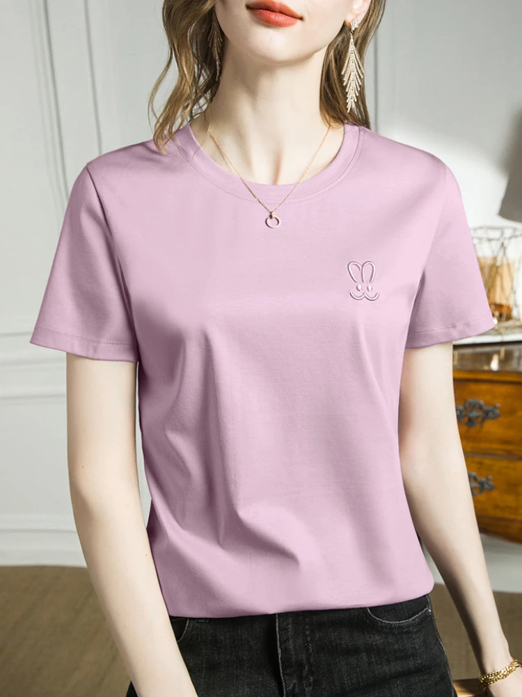 Womens pure cotton Tshirt summer casual short sleeved round neck ed rabbit basic silk combed fashionable 250418