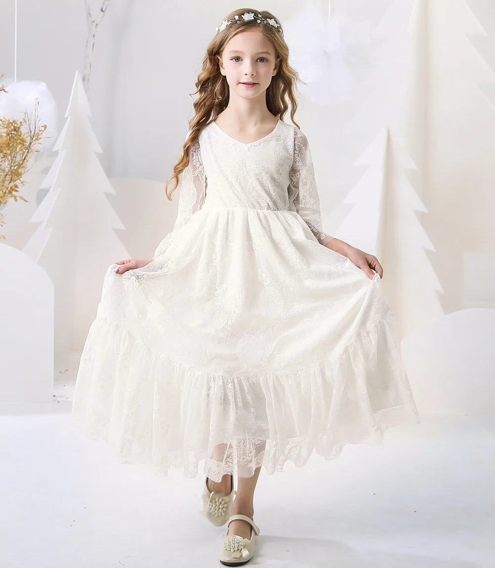 Princess Girls Lace Chiffon Long Dresses Kids Flower Girl Wedding Dress Summer Boho Birthday Party Wedding Dress For 2-14 Years 250421bj